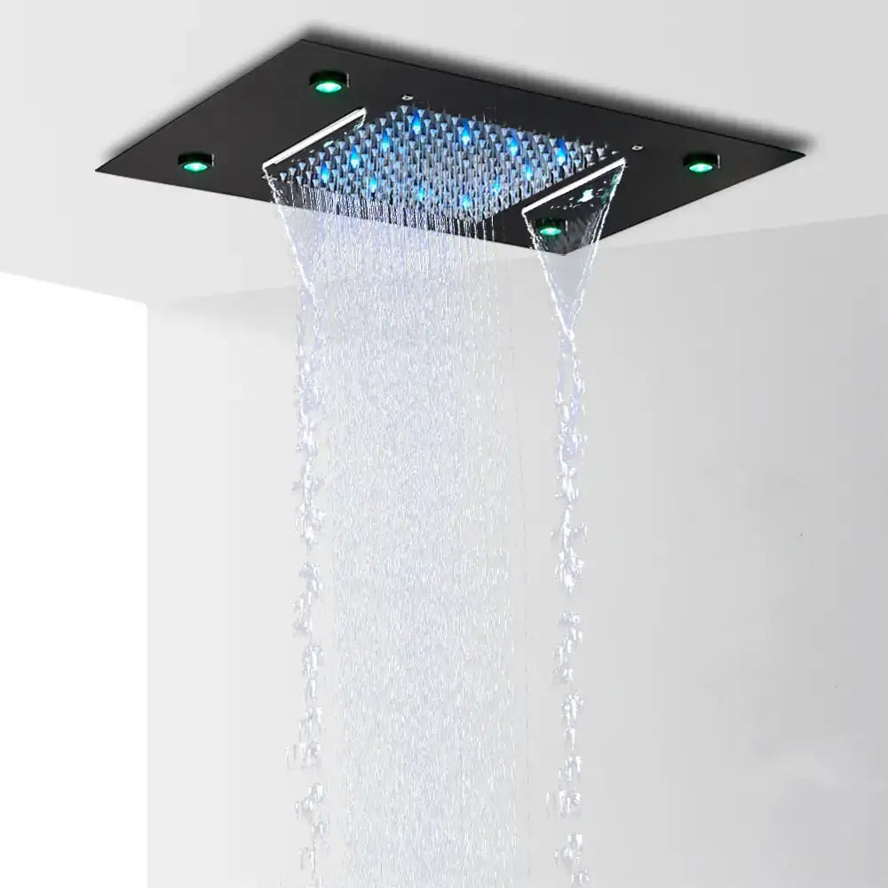 Close-up of Celestial Falls LED Shower Head rainfall and waterfall settings